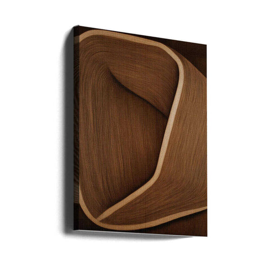 Caramel lines II by Alma, gallery-wrapped canvas viewed at an angle; a twisting brown ribbon-like form with a pale raised edge and fine linear texture.