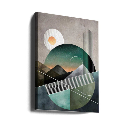 Celestial Geometry by Miguel Bruzual, gallery-wrapped canvas viewed at an angle; layered mountain shapes within teal circles crossed by fine white and black lines.
