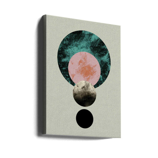 Celestial Harmony by Emanuela Carratoni, gallery-wrapped canvas viewed at an angle; overlapping teal, dusty pink and gray moon-like circles in a vertical arrangement.