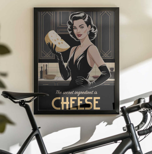 Cheesy Elegance by Andreas Magnusson — black-framed canvas displayed behind a bicycle