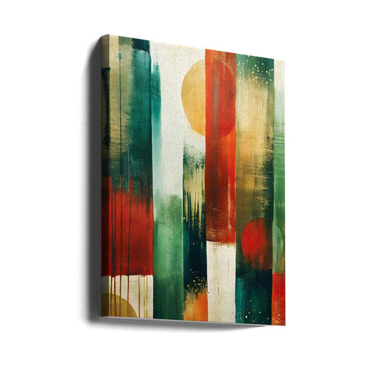 Chromatic Cascade by Miguel Bruzual, gallery-wrapped canvas viewed at an angle; vertical teal, cream and red bands with overlapping warm circular forms.