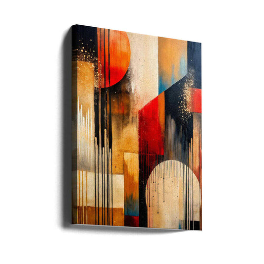 Chromatic Harmony by Miguel Bruzual, gallery-wrapped canvas viewed at an angle; orange and red geometric fields with cream arcs and fine dark vertical lines.
