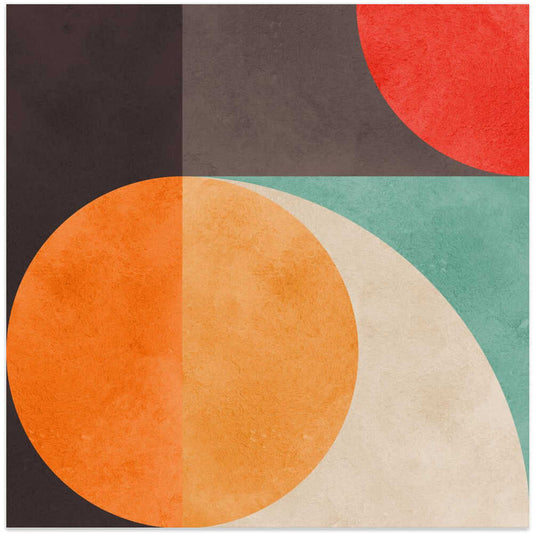 Circles in harmony 10 by Vitor Costa, front view of the artwork; an orange circle overlapping cream and teal curves beneath dark blocks and a red corner.