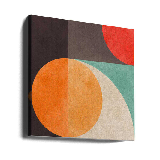 Circles in harmony 10 by Vitor Costa, gallery-wrapped canvas viewed at an angle; an orange circle overlapping cream and teal curves beneath dark blocks and a red corner.