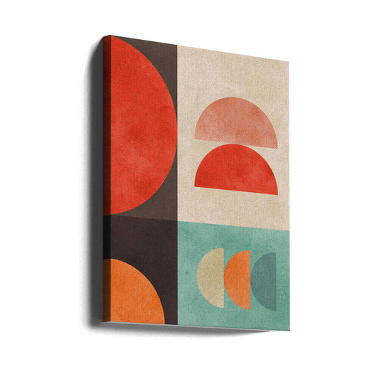 Circles in Harmony 11 by Vitor Costa, gallery-wrapped canvas viewed at an angle; red and pink semicircles with cream, orange and teal forms in a vertical geometric layout.
