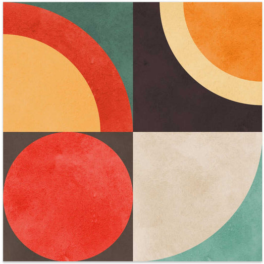 Circles in Harmony 12 by Vitor Costa, front view of the artwork; red circles and cream, orange and teal quarter-circle shapes in a square grid.