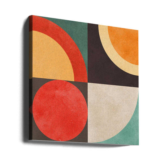 Circles in Harmony 12 by Vitor Costa, gallery-wrapped canvas viewed at an angle; red circles and cream, orange and teal quarter-circle shapes in a square grid.