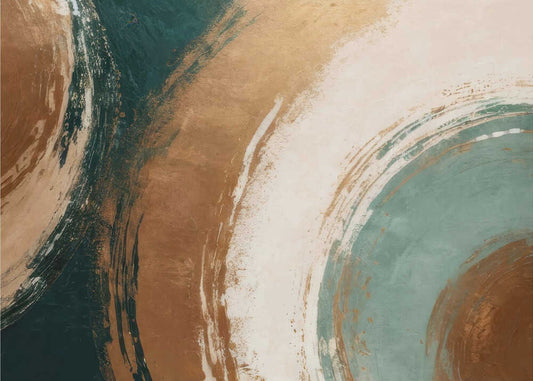 Circular Confluences by Alpenglow Workshop, front view of the artwork; sweeping teal, ochre, cream and brown circular brush-like bands.