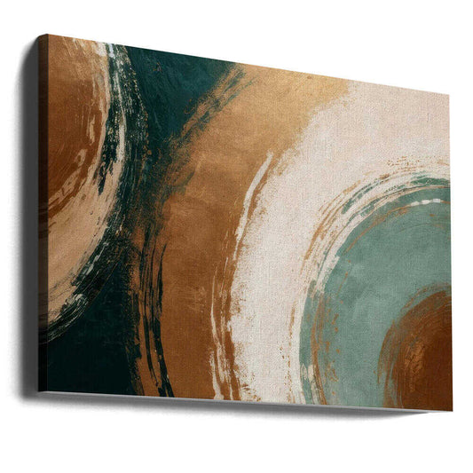 Circular Confluences by Alpenglow Workshop, gallery-wrapped canvas viewed at an angle; sweeping teal, ochre, cream and brown circular brush-like bands.