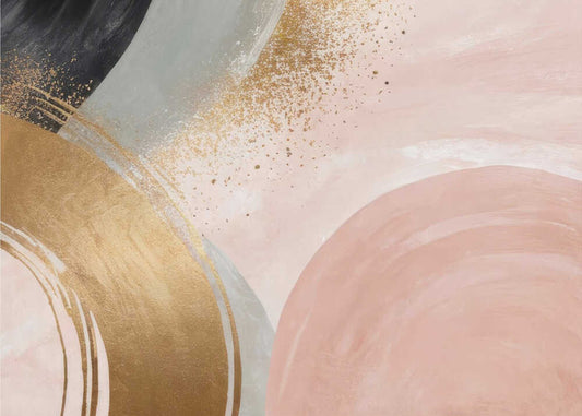 Circular Motion by Alpenglow Workshop, front view of the artwork; broad blush, gold-toned, cream and gray arcs with scattered textured marks.