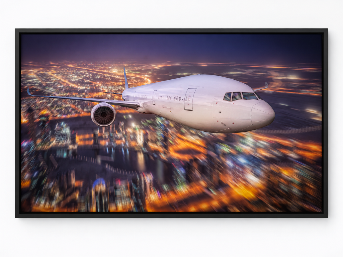 City Lights Flight | Canvas Print | Aviation Night Photography Wall Art — black floating frame front view