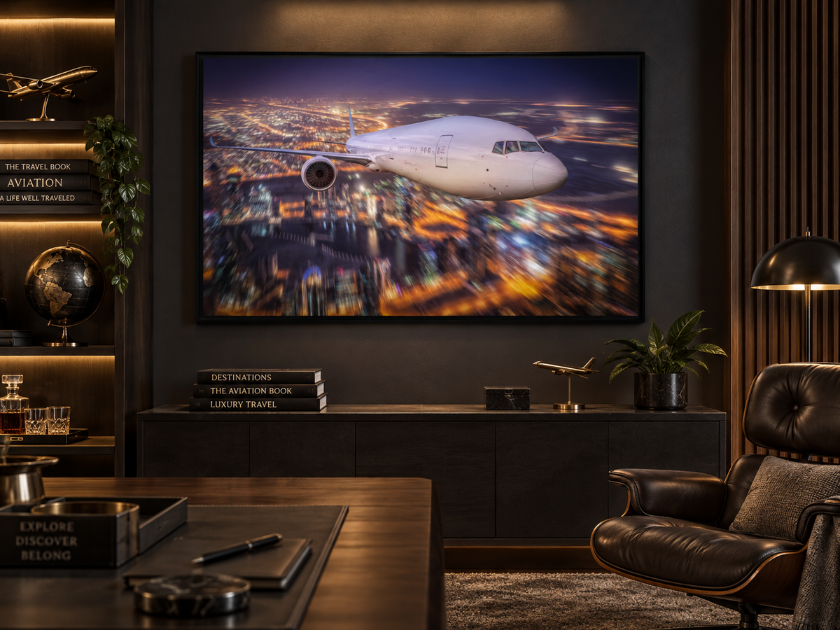 City Lights Flight | Canvas Print | Aviation Night Photography Wall Art — black-framed canvas in an office