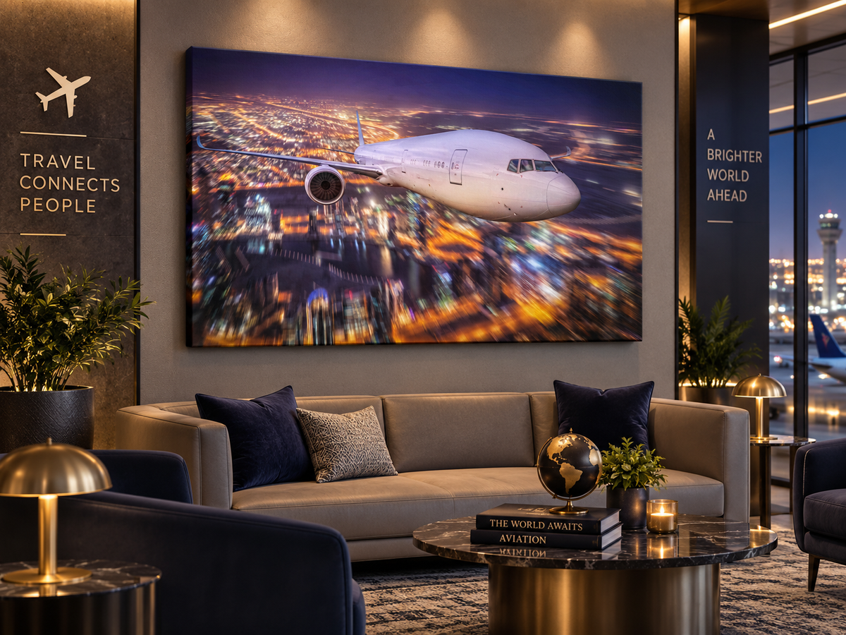 City Lights Flight | Canvas Print | Aviation Night Photography Wall Art — canvas above a sofa