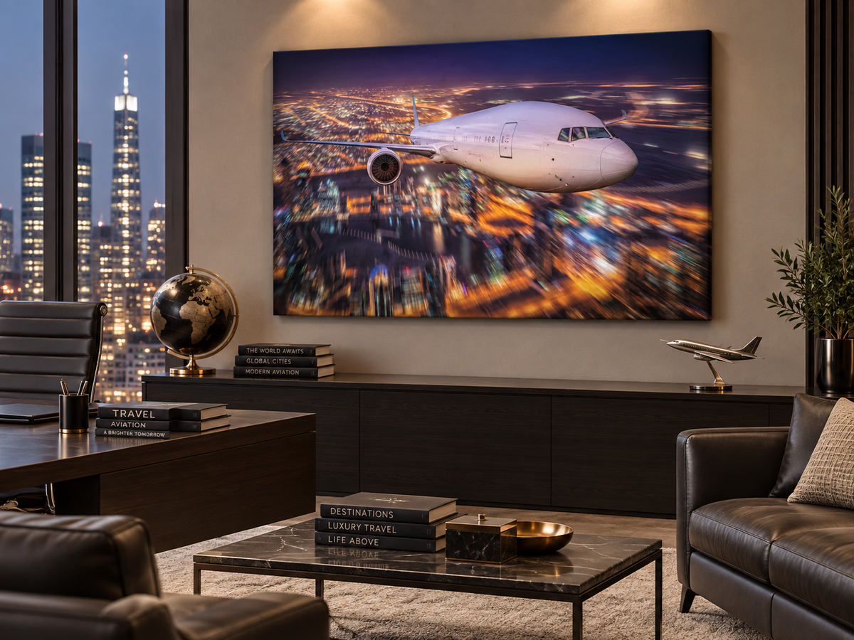 City Lights Flight | Canvas Print | Aviation Night Photography Wall Art — canvas in a city-view office