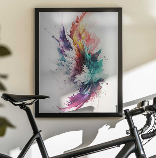 Color Plugs by Mauro, black-framed artwork above a bicycle; teal, magenta and coral abstract plumes on white.