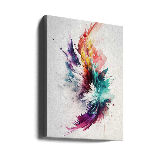 Color Plugs by Mauro, gallery-wrapped canvas viewed at an angle; teal, magenta and coral abstract plumes on white.