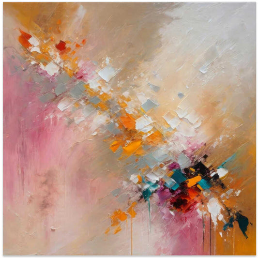 Colorful Cascade by Alpenglow Workshop, front view of the artwork; a diagonal cascade of orange, white and dark paint-like marks over blush and beige.