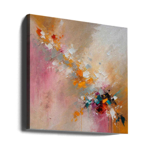 Colorful Cascade by Alpenglow Workshop, gallery-wrapped canvas viewed at an angle; a diagonal cascade of orange, white and dark paint-like marks over blush and beige.