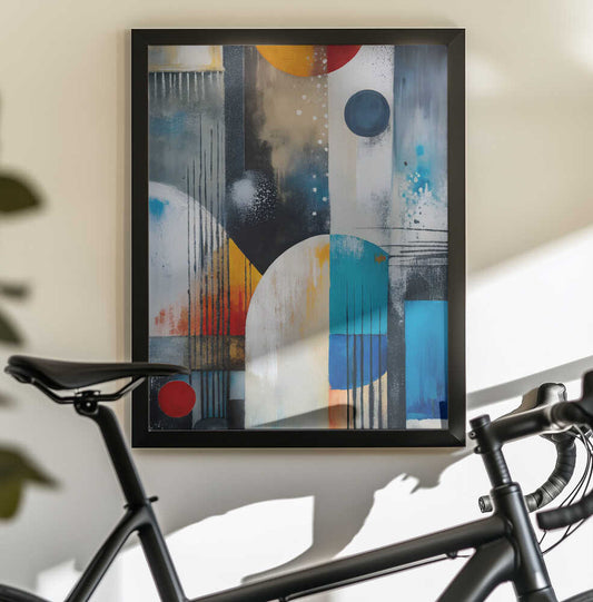 Colorful Complexity by Miguel Bruzual, black-framed artwork above a bicycle; layered blue and cream blocks with colored circles and fine vertical black lines.