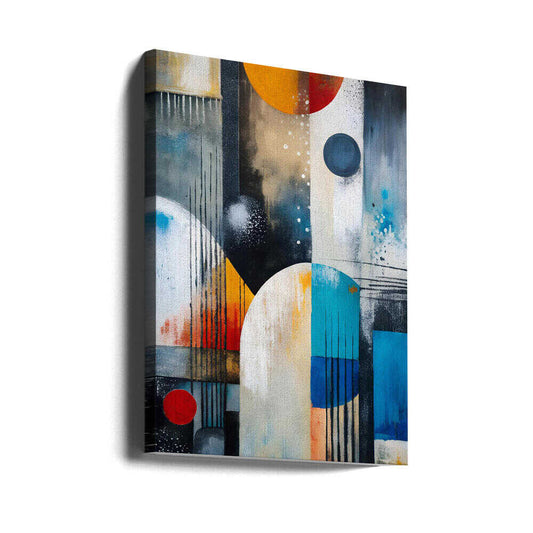 Colorful Complexity by Miguel Bruzual, gallery-wrapped canvas viewed at an angle; layered blue and cream blocks with colored circles and fine vertical black lines.
