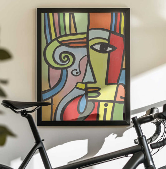 Colorful Geometric Shapes And Bold Lines by Little Dean, black-framed artwork above a bicycle; abstract face with thick black lines and vivid color blocks.