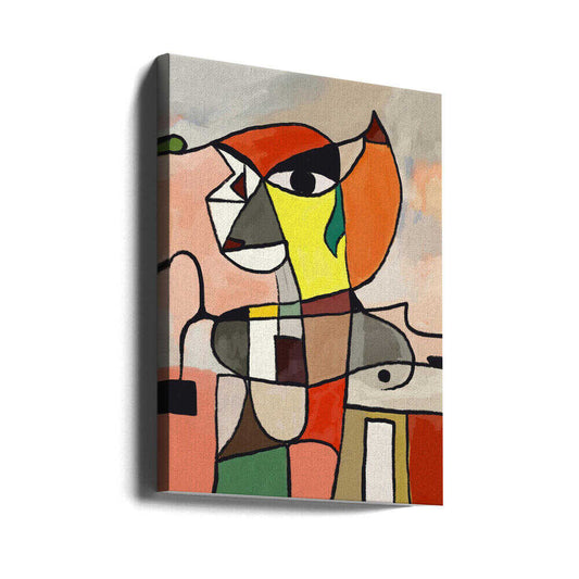 Colorful Geometric Shapes by Little Dean, gallery-wrapped canvas viewed at an angle; angular abstract portrait with orange, yellow and muted blocks.