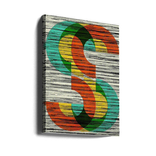 Colorful Stripe Illusion by Petr Strnad, gallery-wrapped canvas viewed at an angle; orange, green and yellow looping shapes over dense black-and-white horizontal marks.