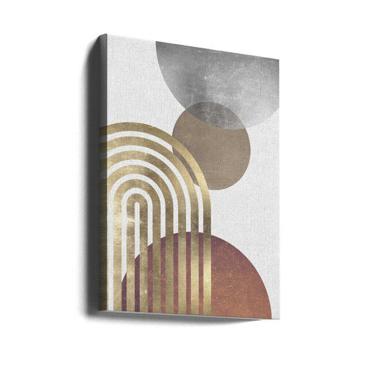 Composition lines and circles 2 by Vitor Costa, gallery-wrapped canvas viewed at an angle; nested gold-toned arches overlapping gray, taupe and muted terracotta circles.