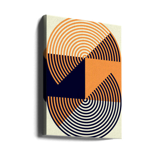 Concentric Circles in Vibrant Orange and Blue by Petr Strnad, gallery-wrapped canvas viewed at an angle; orange and dark blue concentric arcs divided into bold geometric sections.