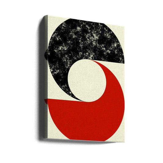 Contrast Crescents by Petr Strnad, gallery-wrapped canvas viewed at an angle; a distressed black crescent and broad red curve surrounding a pale central circle.