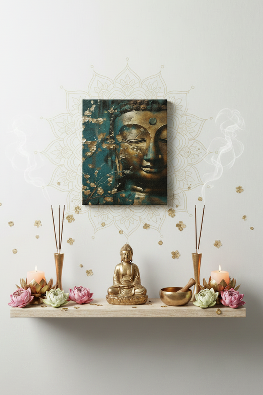 Copper Buddha — canvas above a console with flowers