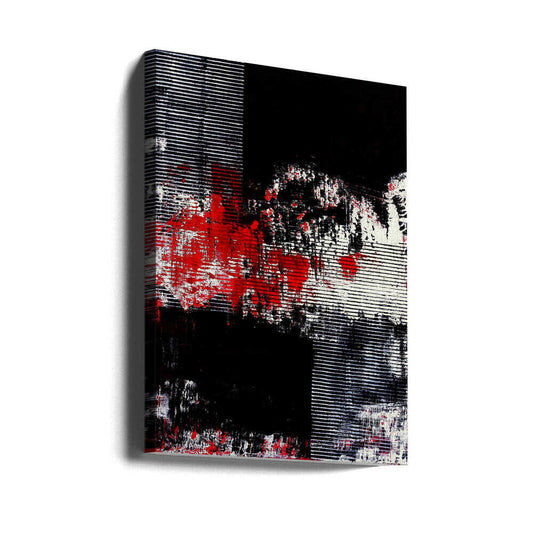 Crimson Echoes by Petr Strnad, gallery-wrapped canvas viewed at an angle; a broken red band crossing black fields and fine white horizontal stripes.