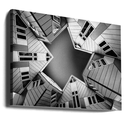Cubic houses by Henk Langerak, gallery-wrapped canvas viewed at an angle; angular house facades framing a star-shaped opening of sky.