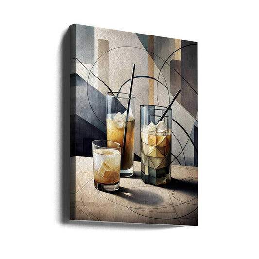 Cubist Cocktails by Miguel Bruzual, gallery-wrapped canvas viewed at an angle; three glasses of amber-colored drinks against an abstract geometric background.