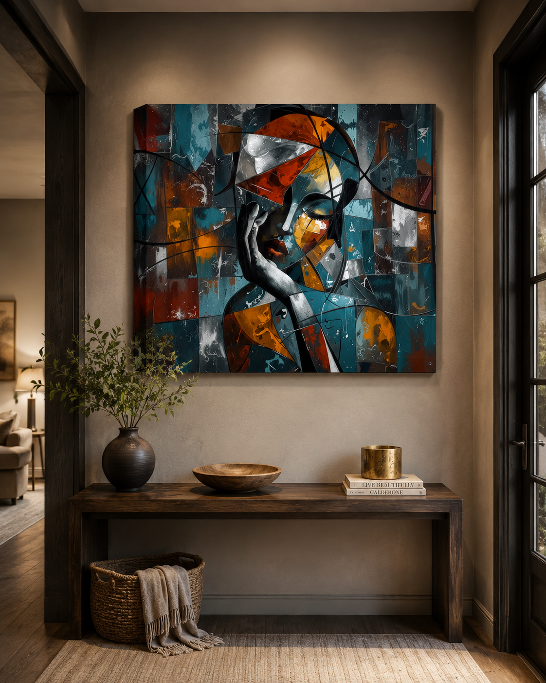 Abstract canvas wall art featuring a stylized face in blue, teal, orange, white, and gray tones, displayed above a dark wood console table in a modern interior hallway.