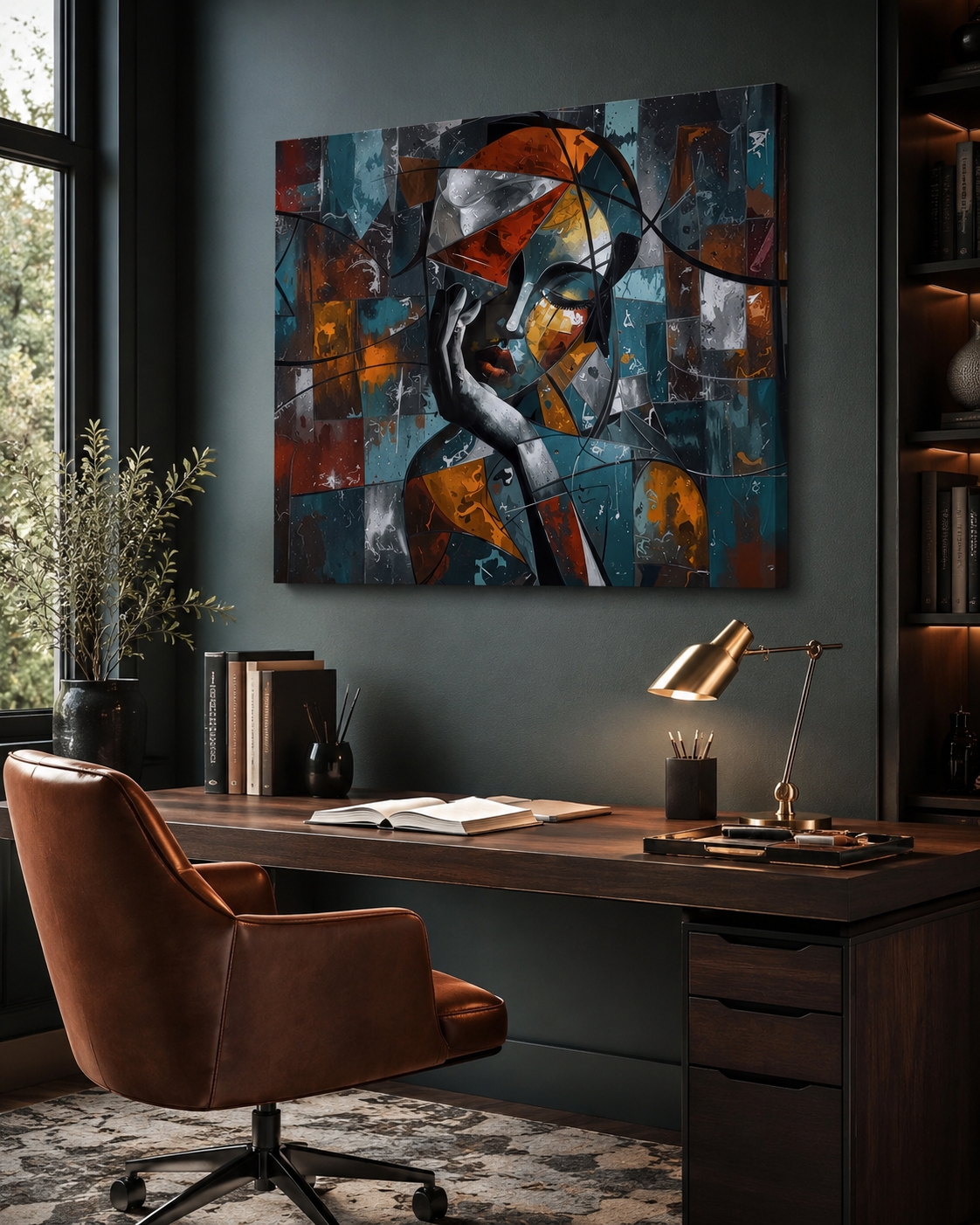 Abstract canvas wall art featuring a stylized face in blue, orange, black, white, and gray tones, displayed above a dark wood desk in a modern home office setting with a brown leather chair and a gold desk lamp.