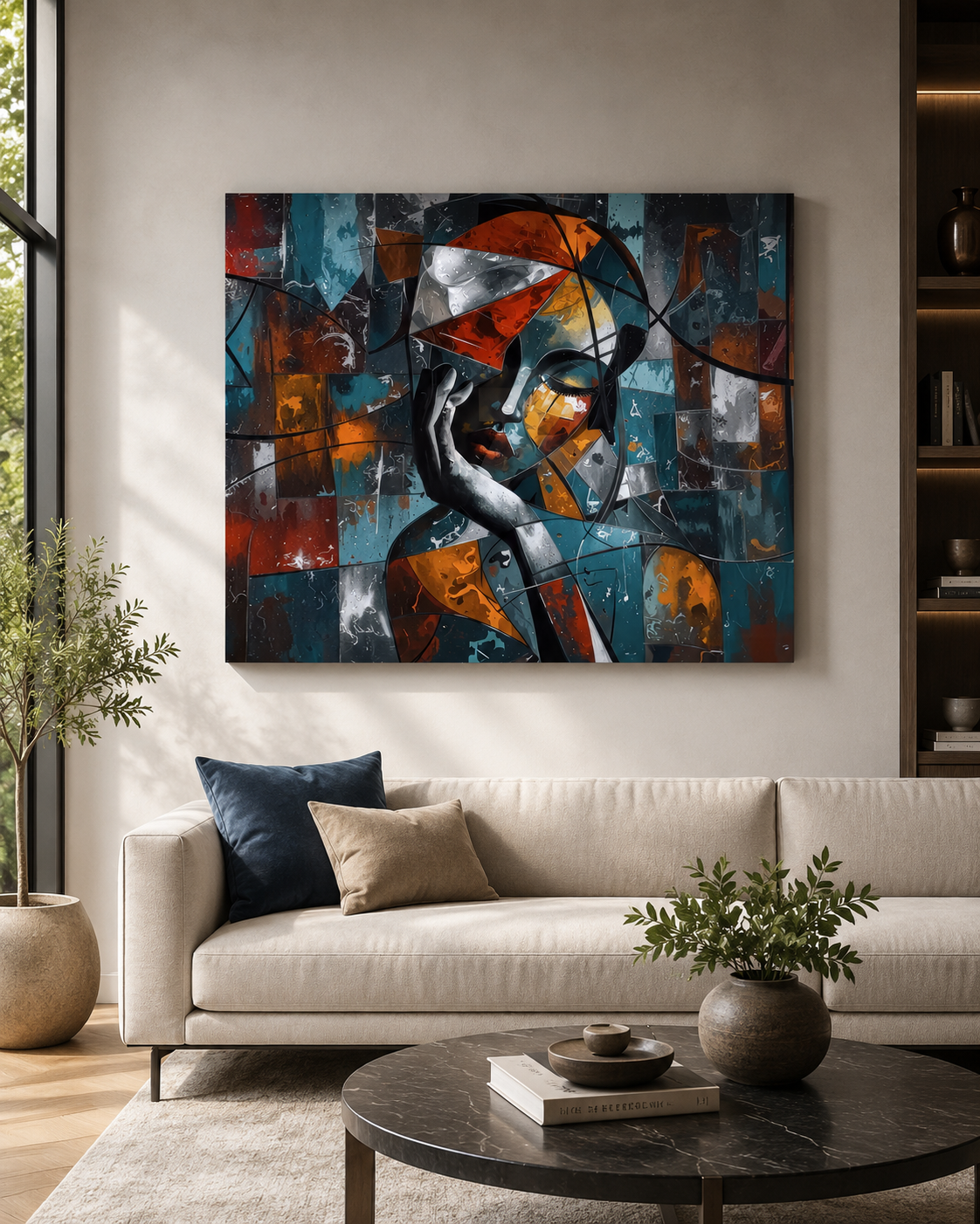 A large abstract canvas painting with a stylized human figure in blue, orange, black, and white tones, displayed on a beige wall above a modern white sofa in a styled living room.