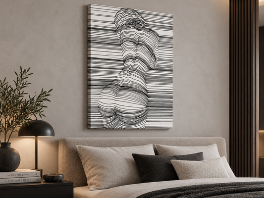 Curved Lines | Minimalist Feminine Canvas Wall Art — canvas above a dark sofa
