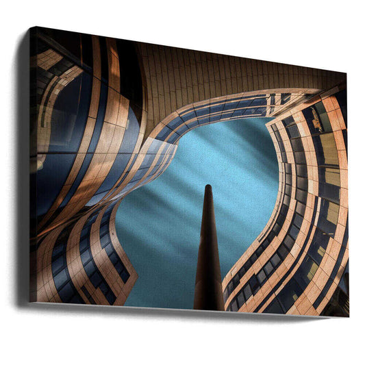 #D05 by Adam Pachula, gallery-wrapped canvas viewed at an angle; curving architectural facades framing a patch of blue sky.
