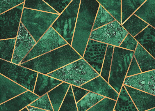 Deep Emerald by Elisabeth Fredriksson, front view of the artwork; emerald green polygons outlined with gold-toned lines.