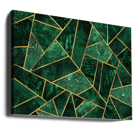 Deep Emerald by Elisabeth Fredriksson, gallery-wrapped canvas viewed at an angle; emerald green polygons outlined with gold-toned lines.