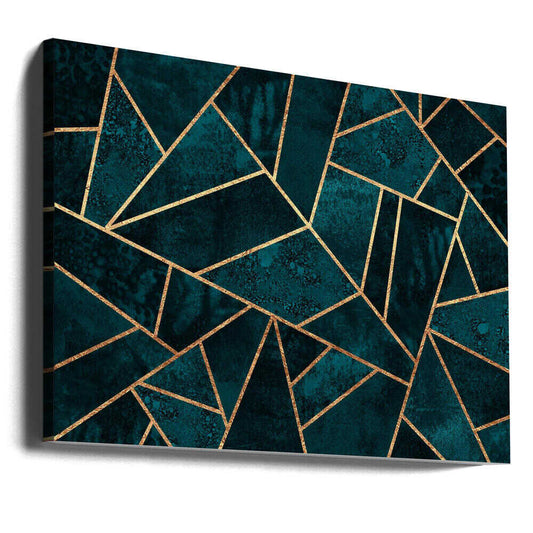 Deep Teal Stone by Elisabeth Fredriksson, gallery-wrapped canvas viewed at an angle; deep teal stone-like shapes divided by gold-toned lines.