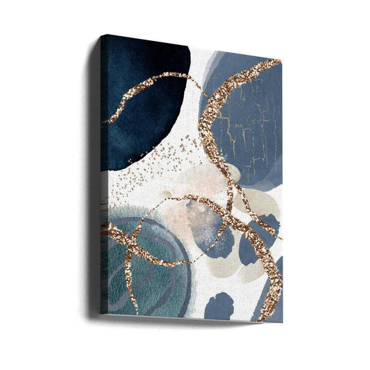 Denim Blue by Sally Ann Moss, gallery-wrapped canvas viewed at an angle; overlapping denim-blue forms with looping gold-toned lines.