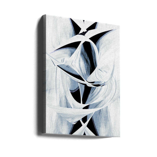 Dynamic Black And White Swirling Patterns by Christina Sillen, gallery-wrapped canvas viewed at an angle; sweeping white ribbon-like curves over black forms with cool blue-gray shading.
