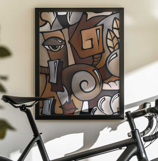 Dynamic Cubist Harmony by Thomas Fedro, black-framed artwork above a bicycle; interlocking face fragments, an eye and spiral forms outlined in black.