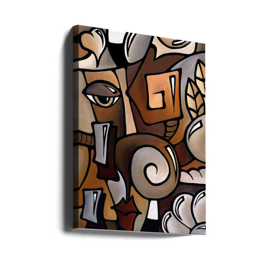 Dynamic Cubist Harmony by Thomas Fedro, gallery-wrapped canvas viewed at an angle; interlocking face fragments, an eye and spiral forms outlined in black.