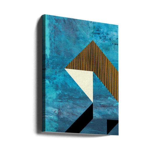 Dynamic Geometric Pattern by Petr Strnad, gallery-wrapped canvas viewed at an angle; an angular gold-striped form and cream triangle against a textured turquoise field.