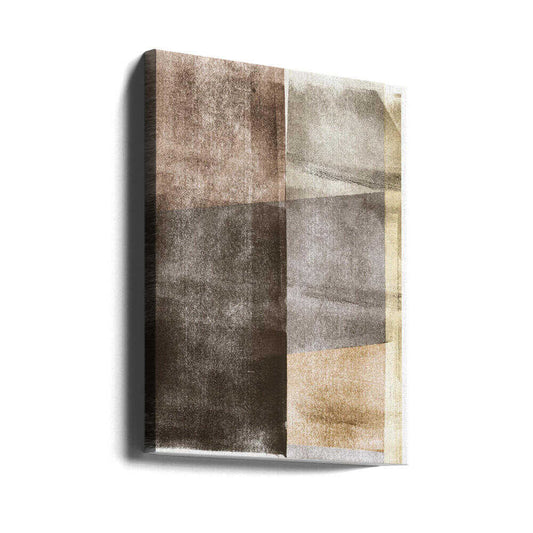 Earth Tones Texture Shapes by Alexandra Weise, gallery-wrapped canvas viewed at an angle; weathered-looking rectangular shapes in brown, gray, charcoal and cream.