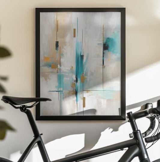 Echoes of Aqua and Gold by Alpenglow Workshop, black-framed artwork above a bicycle; slender aqua and gold-toned vertical marks over a pale layered background.