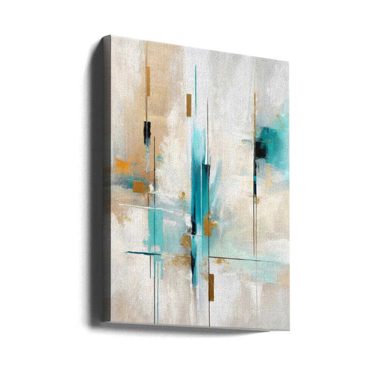 Echoes of Aqua and Gold by Alpenglow Workshop, gallery-wrapped canvas viewed at an angle; slender aqua and gold-toned vertical marks over a pale layered background.